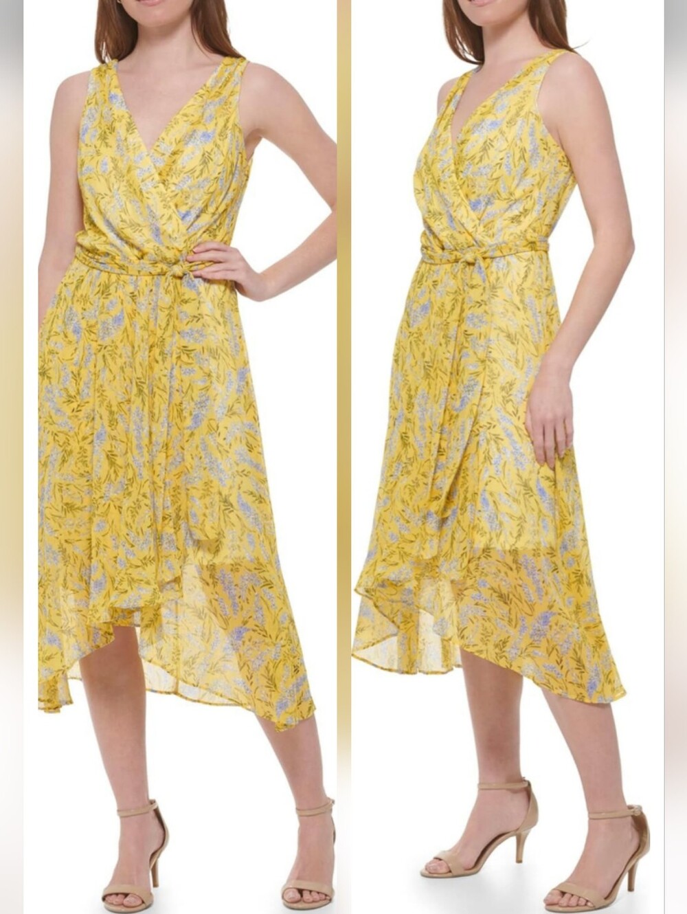 Tommy Hilfiger Yellow Cornflower Blue Floral High-Low Wrap Dress Size 14 Or XL